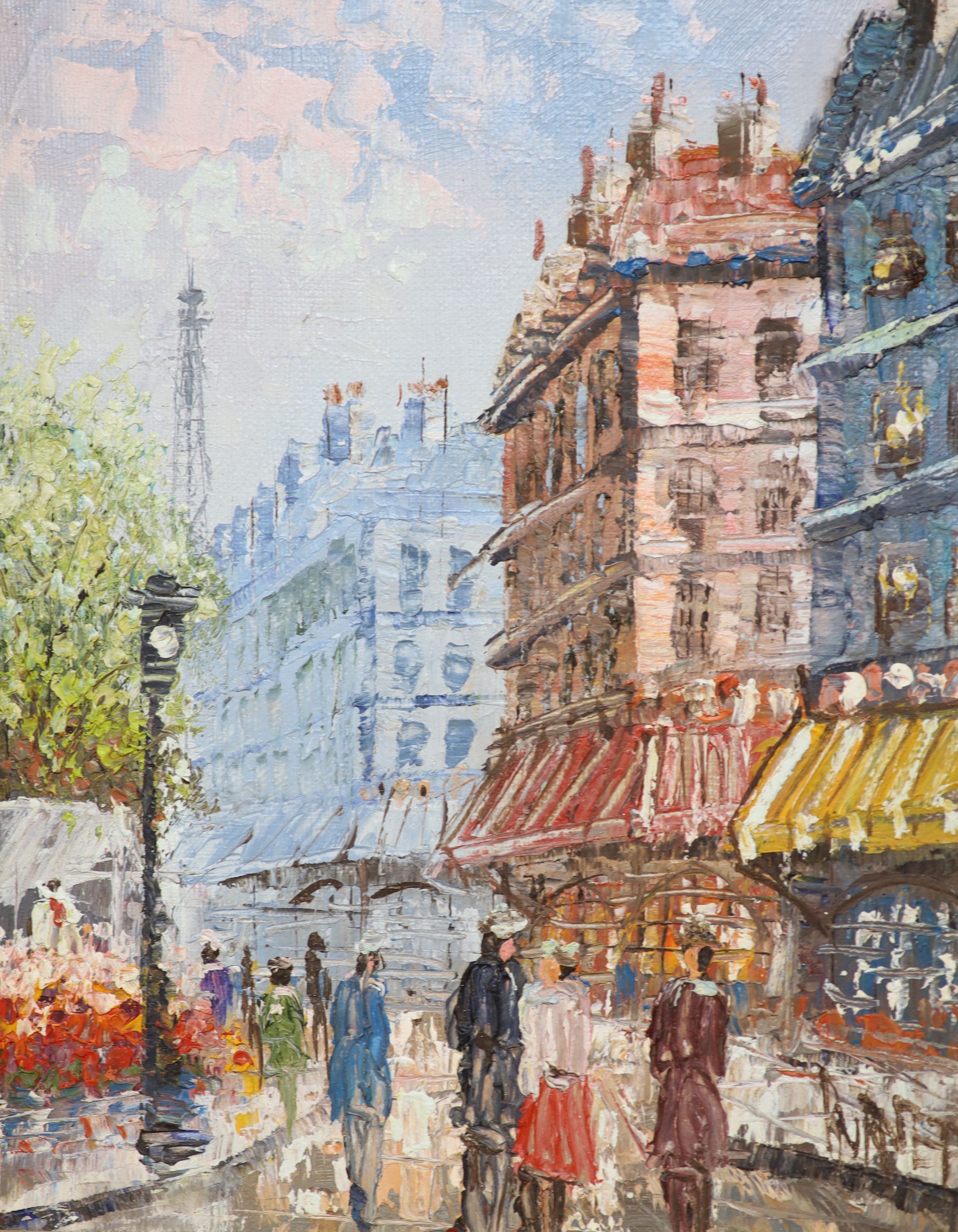Burnett (Paris School), pair of oils on board, Street scenes, signed, 24 x 19cm and another similar street scene